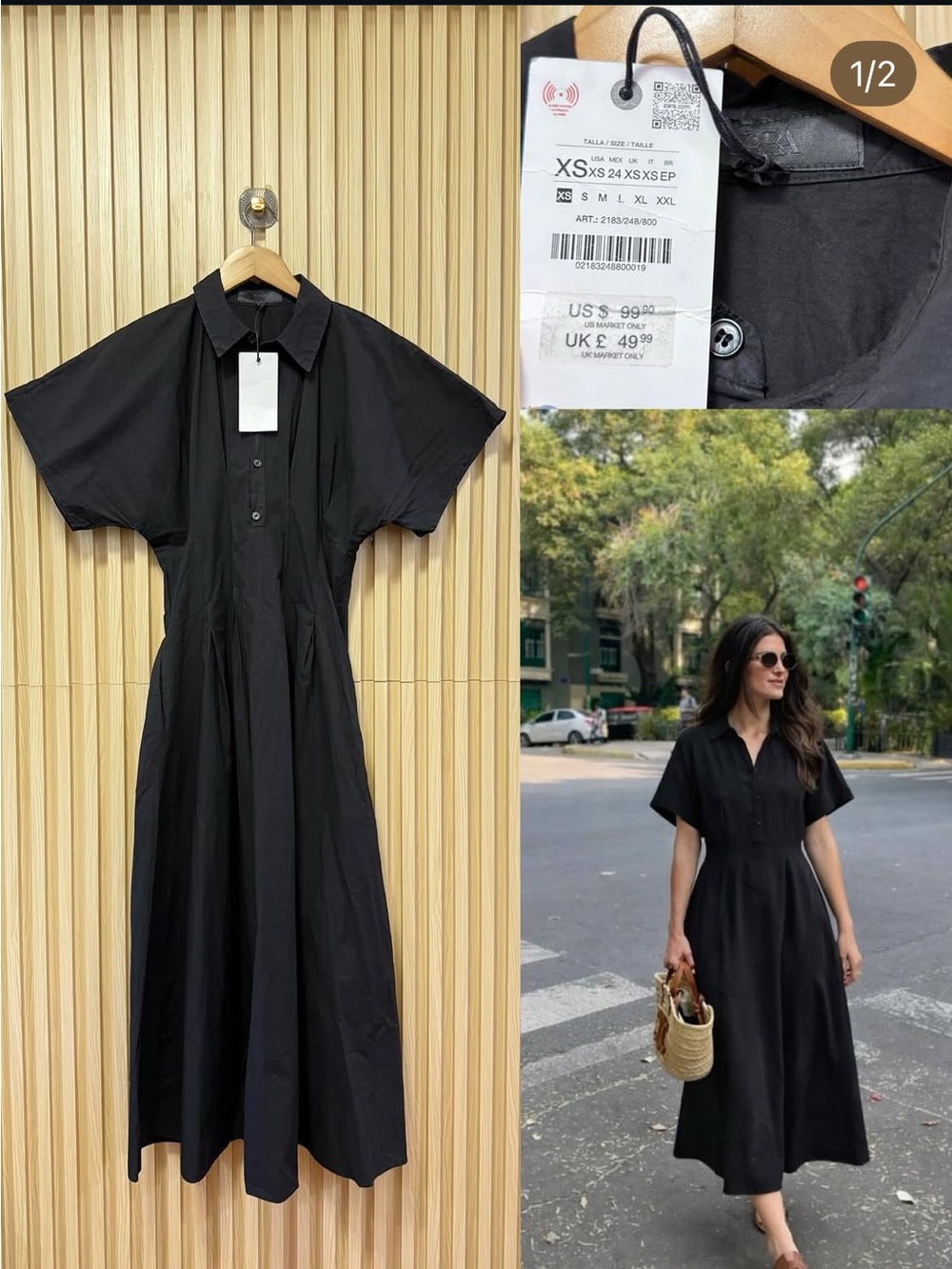 Zara Black Short-Sleeve Maxi Shirt Dress